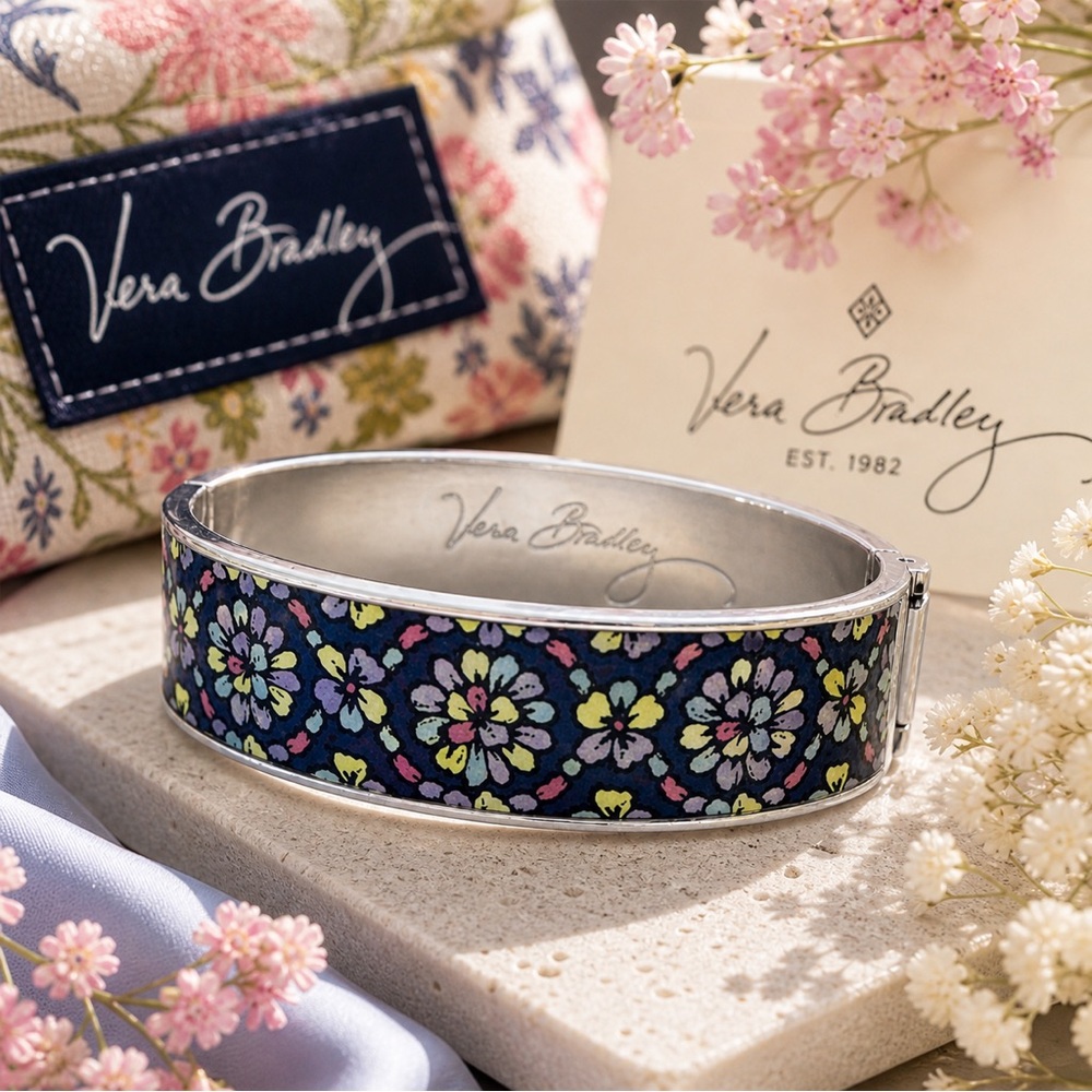 Vera Bradley Floral Enamel Hinged Bangle Bracelet Silver Tone